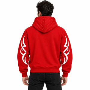 Sudadera con capucha roja para hombre con gráfico personalizado, mangas con estampado tribal y detalles de pedrería. - Product Image 3