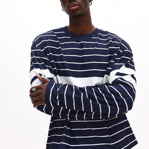 Wholesale Stylish Men's Long Sleeve Striped T-Shirt O-Neck Casual Plus Size Knitted Cotton Jersey Top Black <b>White</b> Pattern Shirt - Product Image 1