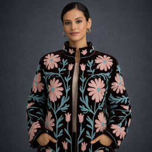 Abrigo Cálido para Mujer, Primavera/Otoño/Invierno, con Botones, Estampado de Terciopelo, Bordado Suzani Floral, Hecho a Mano, Étnico, Transpirable, Forrado de Algodón - Product Image 1