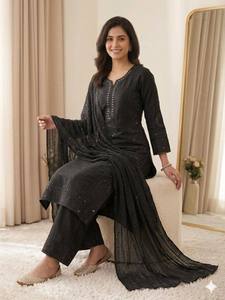 Premium Mal Chanderi Palazzo Suit Set for Women with Hand Mirror Work <b>Sequins</b> Embroidery and Organza Dupatta - Product Image 4