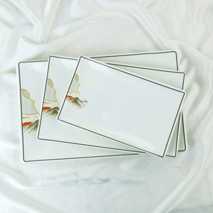 Luxury Asian Zen Design Rectangular Melamine Serving Plates 3 Pc White Dish <b>Black</b> Line Non-toxic Dishwasher Safe Heat Resistant - Product Image 1