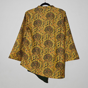 Yellow Madhubani Print Tusser Silk Overlap Jacket l Mustard Floral Printed <b>Tunic</b> Top - Product Image 2