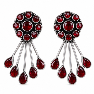 <b>Oxidized</b> Trendy Flower Brass Garnet Red Stone Drop Dangle Earrings Antique Silver Plated for Women Party Wholesale Bulk Jewelry - Product Image 1