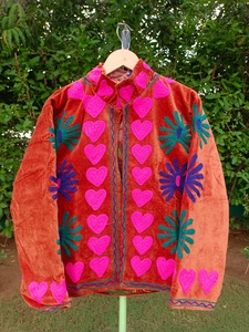 <b>Velvet</b> Bomber <b>Jacket</b> With Pink Heart And Floral Hand Embroidery For <b>Men</b> Women Winter Outerwear - Product Image 4