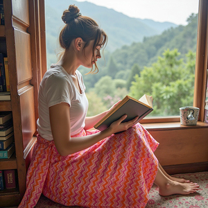 กระโปรงผ้าฝ้ายสีชมพูพีชสำหรับผู้หญิงดีไซน์เรขาคณิตระบายอากาศได้ดีเป็นมิตรกับสิ่งแวดล้อมซักด้วยมือ/ซักเครื่องได้แบบสบายๆตลอดทั้งวัน - Product Image 1