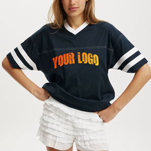 Camiseta de Manga Corta con Cuello en V Azul Marino para Mujer, con Rayas Blancas, Corte Holgado, Estilo Deportivo, de Algodón Jersey, para Primavera/Verano, Venta al Por Mayor - Product Image 1