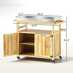 Carrello da Cucina per Esterni in Legno Massello con Piano in Acciaio Inox, Ruote e Armadietti, Carrello per Barbecue da Esterno in Legno Naturale - Product Image 3