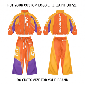 Ensemble de survêtement sportif professionnel en polyester coupe-vent 120 GSM de qualité supérieure, design à empiècements orange, jaune et violet, avec logo personnalisé - Product Image 1