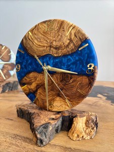 Olive Wood & Blue Resin Desk <b>Clock</b> Handmade Modern Decor - Product Image 4
