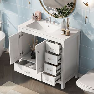 Mobile Bagno Bianco da 36 Pollici con Ampio Spazio di Archiviazione, Armadietto a 2 Ante con Chiusura Ammortizzata e 5 Cassetti, con Lavabo in Ceramica Integrato - Product Image 1