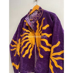 Veste en velours violet brodée, manches longues, col montant, motif géométrique fait main, vêtements d'hiver pour femmes, cadeaux - Product Image 2