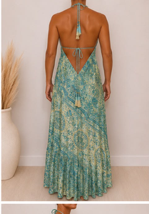 Attractive Light Blue <b>Halter</b> Neck Boho Silk, Polysilk 100% Handmade Maxi <b>Dress</b> Tiered Paisley Print <b>Backless</b> Sundress For Women - Product Image 2