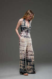 Mono de pierna ancha con cuello en V y estampado Tie Dye para mujer, informal, holgado, estilo bohemio, para verano, ropa de playa - Product Image 4
