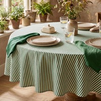 Nappe ronde en lin lavé rayé vert sauge, faite à la main, écologique, personnalisable, avec bordure couleur café, pour usage domestique