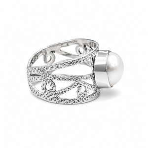 Bague de luxe personnalisée en argent sterling 925 avec perle blanche naturelle, bijou de cocktail, cadeau d'anniversaire de mariage - Product Image 3