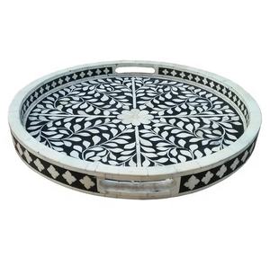 Bandeja Redonda con Incrustaciones de Hueso Blanco y Negro para Servir, Plato de Estilo Bohemio Decorativo con Diseño de Incrustaciones PARA EL Hogar, Comedor, Regalos - Product Image 3