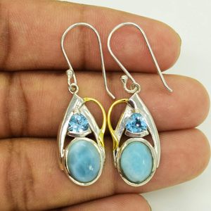 Boucles d'oreilles pendantes en forme de goutte d'eau avec topaze bleue et pierre Larimar, serties en argent sterling 925, style classique pour femme - Product Image 4