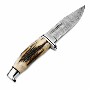Cuchillo de caza de acero de Damasco con punta de gota y mango de asta, hoja fija de filo recto - Product Image 1