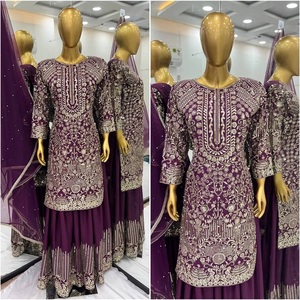 New Designer Heavy Chinon Silk Fancy <b>Top</b>-Dupatta Fully Stitched Sharara <b>Indian</b> & Pakistani Clothing for Summer Party Wear Look - Product Image 1