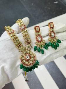 <b>Indian</b> Brass Kundan Polki <b>Necklace</b> <b>Set</b> Wholesale Imitation Rhodium Plated Women's Bridal Engagement Wedding Traditional Ethnic - Product Image 3