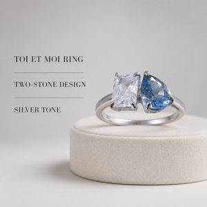 Bague Toi Et Moi en argent sterling 925 avec zircone cubique, bague pour femme, design à deux pierres claires et bleues, plaqué rhodium - Product Image 4