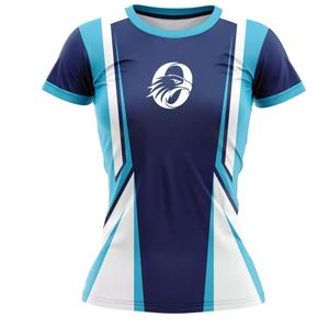 เสื้อฟุตบอลหญิงสีน้ำเงินกรมท่าและสีฟ้าอ่อน แขนสั้น แต่งสีขาว ระบายอากาศได้ดี เหมาะสำหรับการฝึกซ้อมและการแข่งขัน - Product Image 1