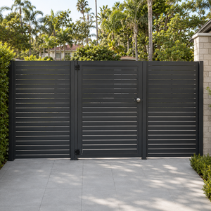 Portail métallique moderne noir à lattes horizontales avec porte piétonne pour entrée de villa, jardin, maison – Design de clôture d'intimité - Product Image 1