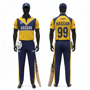 Uniforme de cricket pour hommes, tissu respirant en polyester interlock 180 GSM, panneau contrastant bleu marine et jaune, uniforme personnalisé par sublimation - Product Image 6