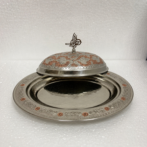 Plat de service artisanal en cuivre et argent allemand avec couvercle en dôme, plateau de service alimentaire de luxe, cloche décorative pour buffet, hôtel - Product Image 2