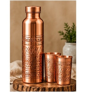 Vintage Copper <b>Water</b> <b>Bottle</b> with Lid and 2 Ribbed Cups Polished <b>Metal</b> Drinkware Set - Product Image 3