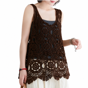 Débardeur décontracté en crochet pour femme, col en V, sans manches, respirant, longueur normale, marron, logo frontal, 100 % coton - Product Image 1