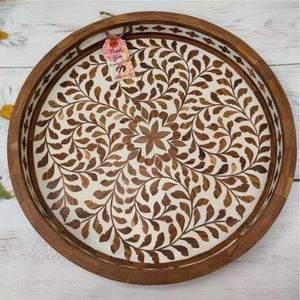 Assiette de service ronde en bois émaillée, motif floral vintage, style bohème, pour cuisine, vente en gros - Product Image 2