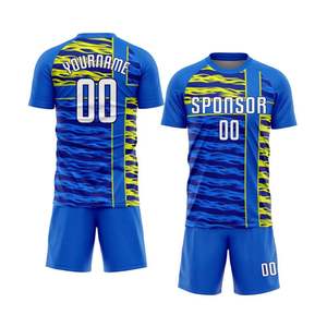 Ensemble de maillots de football personnalisés sublimés, bleu et jaune rayé, manches courtes, évacuation de l'humidité, 100% polyester respirant, uniforme pour hommes - Product Image 1