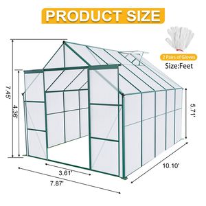 Serre de jardin double porte 8x10FT robuste en polycarbonate avec base surélevée et ancrage en aluminium pour jardins extérieurs - Product Image 3