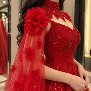 <b>Red</b> Modern Ball Gown Women's Evening Dress Premium Sequined Beaded Embellished <b>Corset</b> Bodice Floral Applique High Neck Chapel - Product Image 2