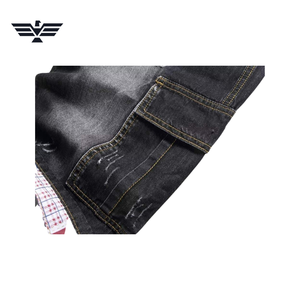 Shorts en jean noir pour homme, coupe droite, cargo, taille mi-haute, légèrement déchirés, style décontracté d'été, en polyester/coton respirant, tricoté 300g - Product Image 5
