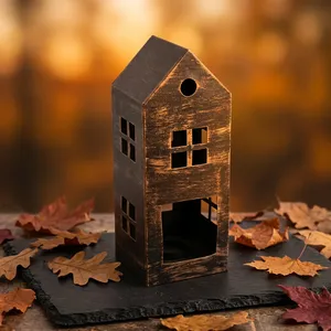 Portavelas de Hierro con Forma de Casa Navideña, Diseño Artesanal, con Ventanas Recortadas, Decoración para el Hogar, Acabado Antiguo - Product Image 4