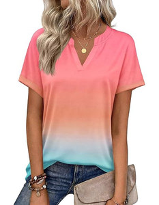 เสื้อยืดแขนสั้นคอวีสีไล่ระดับสำหรับผู้หญิงทรงหลวมสบายๆ เสื้อถักลำลองสำหรับฤดูใบไม้ผลิและฤดูร้อน ระบายอากาศได้ดี ผลิตจากโพลีเอสเตอร์ - Product Image 1
