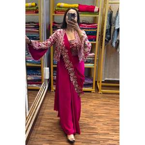 DISEÑADOR CHINON BORDADO CODIFICACIÓN TRABAJO LISTO PARA USAR SAREE COSTADO BLUSA CON CHAQUETA RANI - Product Image 1