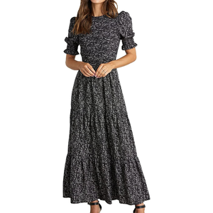 Vestido Maxi Negro Floral con Mangas Abullonadas, Cintura Fruncida, Volantes en Capas, Vestido Largo de Verano Elegante Casual Hecho a Medida - Product Image 1