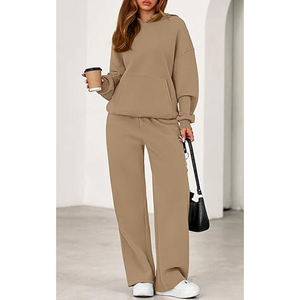 Women's Beige Hooded Sweatshirt And Wide Leg Pants Set Casual Loose Fit Full Sleeve Solid Color Drawstring Waist <b>Tracksuit</b> - Product Image 6