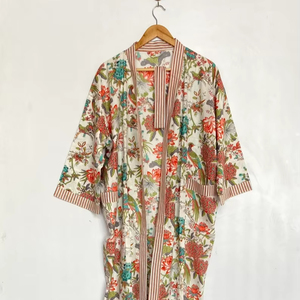 Bata Kimono de Algodón 100% Tejido con Estampado de Dibujos Animados para Mujer, Camisón de Verano Hecho a Mano, Cuello en V, Cintura Elástica, Largo hasta la Rodilla, Suave y Completo - Product Image 1