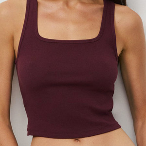 Top Corto de Mujer Color Borgoña con Cuello Cuadrado, Ajustado, Tejido en Mezcla de Algodón y Spandex, Transpirable, Estilo Minimalista para Primavera/Verano - Product Image 1