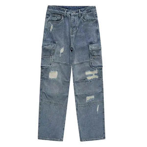 Jeans déchirés et usés pour homme, style streetwear personnalisé, coupe droite, denim, poches cargo, 100% coton, à bon prix - Product Image 1