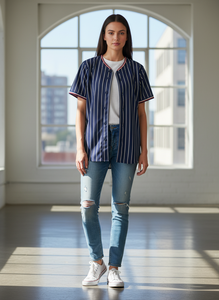 Maillot de baseball/softball rétro personnalisé respirant avec rayures brodées et nom d'équipe imprimé par sublimation, coupe courte devant, 100 % coton - Product Image 5