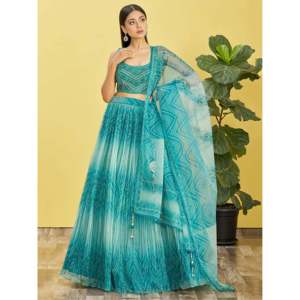 Robe de soirée bleue en organza avec travail de miroir, Lehenga Choli pour les mariages - Product Image 6