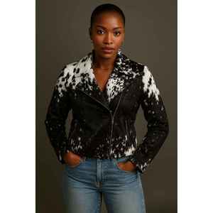 Veste moto en cuir véritable pour femme, imprimé animal, col montant, fermeture éclair, manches longues, style automne, longueur normale - Product Image 5