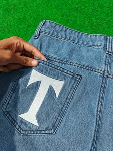Snow Washed Blue Customize Embroidery Denim Jorts Embroidery <b>Patch</b> Loose Fit Wide Straight Leg Denim <b>Shorts</b> <b>Men</b> - Product Image 5