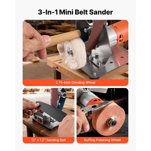 Ponceuse à bande mini 3-en-1 réglable à 7 vitesses avec bande abrasive de 13 po x 1,2 po et roue de meulage/polissage de 2,75 po, combo avant/arrière - Product Image 2