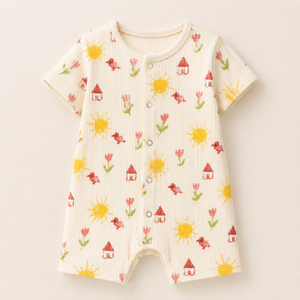 Mameluco de Manga Corta para Bebé, 100% Algodón, Tejido de Canalé, Transpirable y Suave |   Conjunto de Verano para Bebés con Cierre a Presión para Uso Diario - Product Image 1